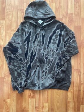 Hanes Men's Black and Gray Tie-Dye Zip-Up Hoodie